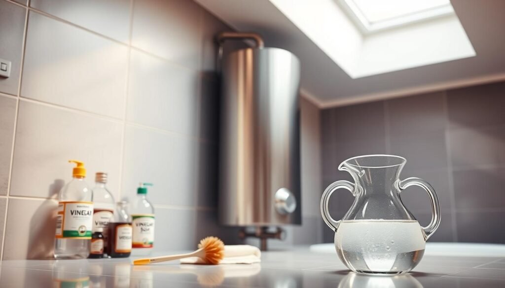 A sleek, modern bathroom interior with a stainless steel tankless water heater prominently displayed. The device is surrounded by natural, eco-friendly cleaning supplies such as vinegar, baking soda, and a scrub brush. Soft, diffused lighting from a skylight casts a warm glow, highlighting the minimalist, tiled walls and floor. In the foreground, a glass carafe filled with a homemade descaling solution sits ready for use. The overall scene conveys a sense of efficiency, sustainability, and attention to detail in properly maintaining the water heater. A sleek, modern bathroom interior with a stainless steel tankless water heater prominently displayed. The device is surrounded by natural, eco-friendly cleaning supplies such as vinegar, baking soda, and a scrub brush. Soft, diffused lighting from a skylight casts a warm glow, highlighting the minimalist, tiled walls and floor. In the foreground, a glass carafe filled with a homemade descaling solution sits ready for use. The overall scene conveys a sense of efficiency, sustainability, and attention to detail in properly maintaining the water heater.