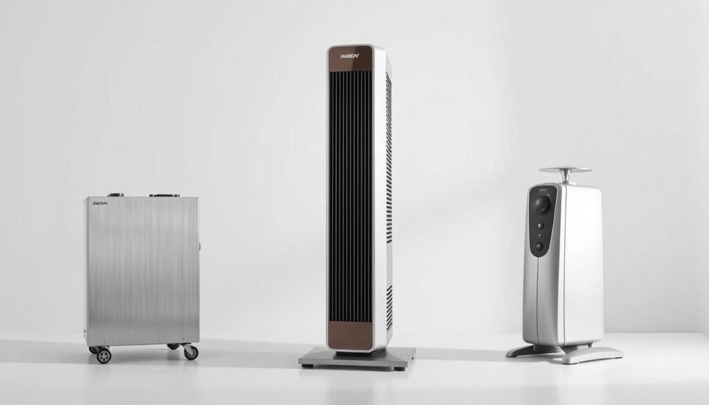A sleek, modern comparison of three oil-filled space heaters against a minimalist, monochromatic backdrop. The central heater, a stylish, soaring tower design, is flanked by a classic boxy model and a compact, oscillating unit. Soft, diffused lighting highlights the smooth, brushed metal surfaces and crisp, angular forms, creating a sense of balance and sophistication. The arrangement showcases the diverse options available for efficient, supplementary heating, inviting the viewer to consider the best fit for their needs and interior aesthetic.