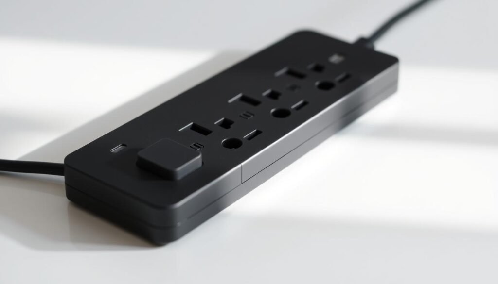A sleek, modern power strip with multiple outlets and an integrated energy-saving switch. The strip is made of durable, high-quality materials with a minimalist, matte black finish. The energy-saving switch is prominently displayed, allowing for easy toggling between standby and active power modes. The power strip is positioned on a clean, white surface, showcasing its simple yet efficient design. Soft, directional lighting from the side illuminates the product, highlighting its form and function. The overall scene conveys a sense of practicality and environmental consciousness, perfectly suited to illustrate the "Action 1: Unplug or use power strips with switches" section of the article.