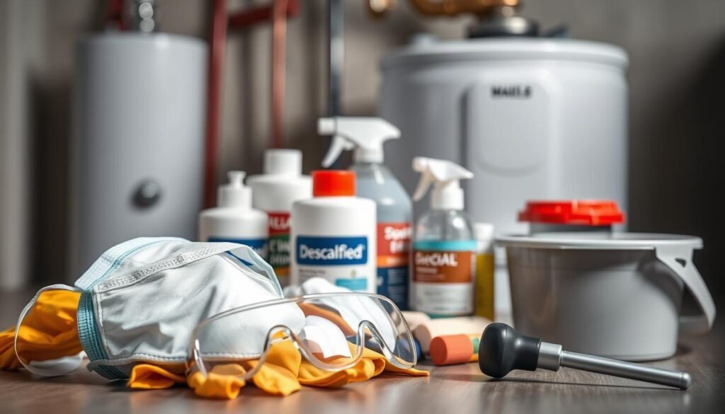 A well-lit, detailed image of a comprehensive set of tools and safety equipment needed for properly descaling a water heater. The foreground showcases a protective face mask, rubber gloves, and safety goggles. The middle ground features a variety of descaling chemicals, a bucket, and a specialized descaling tool. The background subtly displays the water heater itself, emphasizing the importance of this preparatory setup. The overall scene conveys a professional, safety-conscious atmosphere, suitable for illustrating the "Préparer correctement le détartrage : Sécurités et outils indispensables" section of the article. A well-lit, detailed image of a comprehensive set of tools and safety equipment needed for properly descaling a water heater. The foreground showcases a protective face mask, rubber gloves, and safety goggles. The middle ground features a variety of descaling chemicals, a bucket, and a specialized descaling tool. The background subtly displays the water heater itself, emphasizing the importance of this preparatory setup. The overall scene conveys a professional, safety-conscious atmosphere, suitable for illustrating the "Préparer correctement le détartrage : Sécurités et outils indispensables" section of the article.