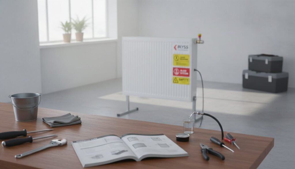 A well-organized workshop scene displaying practical heating maintenance tips. In the foreground, a neatly arranged workbench with tools such as a wrench, screwdriver, and maintenance manual open to a section about radiator care. In the middle ground, a modern radiator system, showcasing the Blyss model, with visible maintenance stickers and safety warnings. The background features a bright, inviting room with natural light pouring in through a window, illuminating the space and highlighting cleanliness and order. The atmosphere is calm and professional, inspiring a sense of responsibility and safety in home heating maintenance. The image should have a soft focus on the background to emphasize the workbench and radiator in the foreground, conveying an educational mood. A well-organized workshop scene displaying practical heating maintenance tips. In the foreground, a neatly arranged workbench with tools such as a wrench, screwdriver, and maintenance manual open to a section about radiator care. In the middle ground, a modern radiator system, showcasing the Blyss model, with visible maintenance stickers and safety warnings. The background features a bright, inviting room with natural light pouring in through a window, illuminating the space and highlighting cleanliness and order. The atmosphere is calm and professional, inspiring a sense of responsibility and safety in home heating maintenance. The image should have a soft focus on the background to emphasize the workbench and radiator in the foreground, conveying an educational mood.