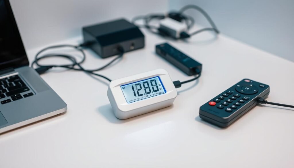 Detailed image of a wattmeter measuring the standby power consumption of various household electronic devices. Bright, clean lighting illuminates the modern, sleek wattmeter on a plain white surface. The wattmeter's digital display clearly shows the power draw in watts. Surrounding the wattmeter are several common household electronics like a laptop, phone charger, and TV remote, all plugged in but in standby mode. The scene conveys a sense of analytical precision and environmental awareness, suitable for illustrating an article section on analyzing energy consumption.