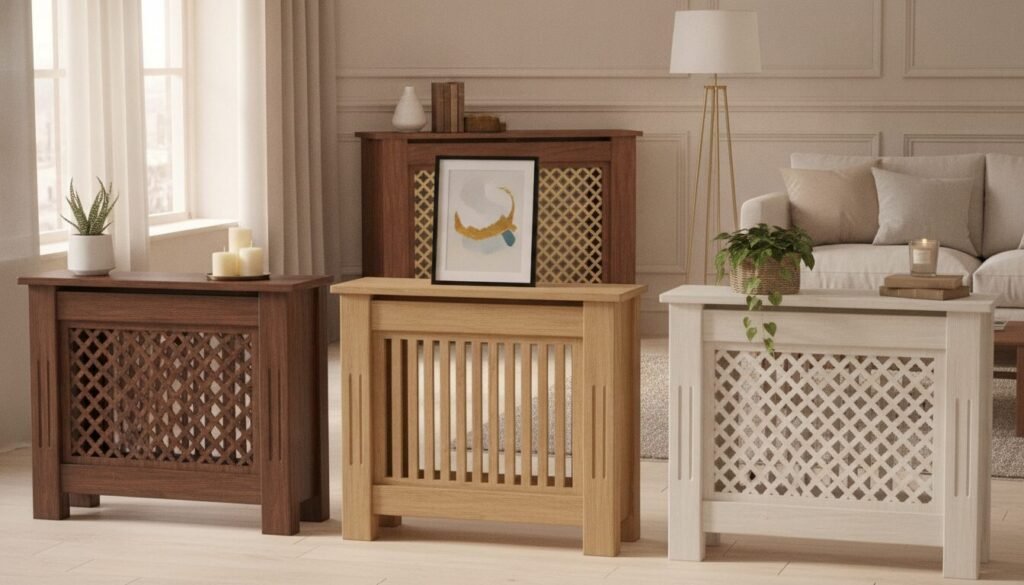 A beautifully arranged display of various radiator cover accessories in a modern, stylish living room setting. In the foreground, showcase a collection of wooden radiator covers with intricate designs and a few decorative items like potted plants, candles, and framed artwork placed on top. In the middle, feature an elegant wall-mounted radiator cover, complementing the décor with rich wooden textures. The background reveals soft, ambient lighting that highlights the warm tones of the wood, enhancing the cozy atmosphere. Use a wide-angle lens to capture the whole scene, creating a sense of space and inviting warmth. The overall mood should be calm and inviting, perfect for illustrating options and tips for radiator covers in home decor. A beautifully arranged display of various radiator cover accessories in a modern, stylish living room setting. In the foreground, showcase a collection of wooden radiator covers with intricate designs and a few decorative items like potted plants, candles, and framed artwork placed on top. In the middle, feature an elegant wall-mounted radiator cover, complementing the décor with rich wooden textures. The background reveals soft, ambient lighting that highlights the warm tones of the wood, enhancing the cozy atmosphere. Use a wide-angle lens to capture the whole scene, creating a sense of space and inviting warmth. The overall mood should be calm and inviting, perfect for illustrating options and tips for radiator covers in home decor.