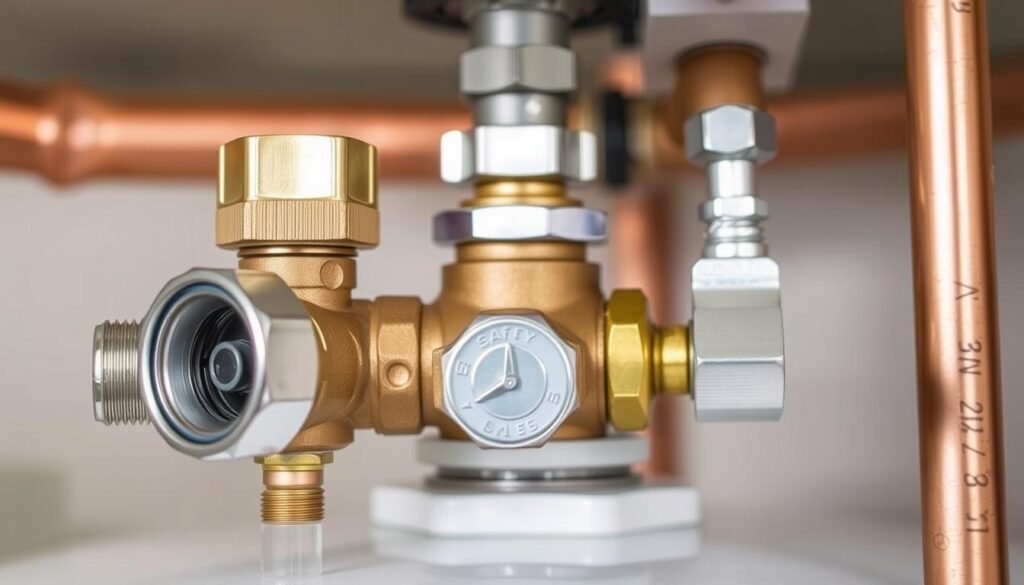 A close-up view of a replacement safety group for a water heater, captured in a well-lit, high-resolution photograph. The foreground features the safety valve, pressure relief valve, and associated fittings in intricate detail, showcasing their mechanical design and construction. The middle ground includes the copper or steel piping that connects the safety group to the water heater, adding context and scale. The background is slightly blurred, maintaining focus on the safety group components. The image conveys a sense of technical precision and functionality, suitable for illustrating the "Changing and maintaining the safety group" section of the article.
