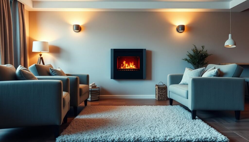 A cozy living room interior with a modern fireplace or heating unit set against a neutral-toned wall. The fireplace is the focal point, casting a warm, flickering glow throughout the space. Plush armchairs and a soft rug invite relaxation, while strategically placed lighting fixtures create a welcoming ambiance. The room is uncluttered, allowing the heating element to take center stage. The overall atmosphere conveys a sense of comfort and efficiency, reflecting the practical scenario of leaving the heating on all day.