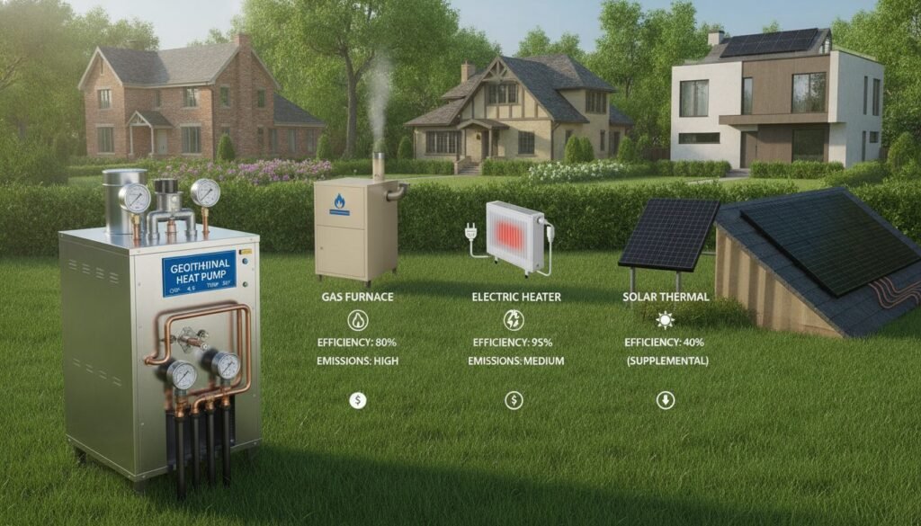 A detailed comparison of different heating systems, focusing on a geothermal heat pump. In the foreground, illustrate a sleek geothermal heat pump unit featuring pipes and gauges. In the middle section, display three distinct heating systems side by side: a traditional gas furnace, an electric heater, and a solar thermal system, each labeled with informative graphics. In the background, a serene residential neighborhood with diverse homes, conveying a cozy atmosphere. Soft, natural daylight highlights the energy-efficient technologies. The scene should be viewed at a slight angle to emphasize depth and context. The mood is informative and professional, suitable for an educational article on heating systems. Ensure no people are present in the image.