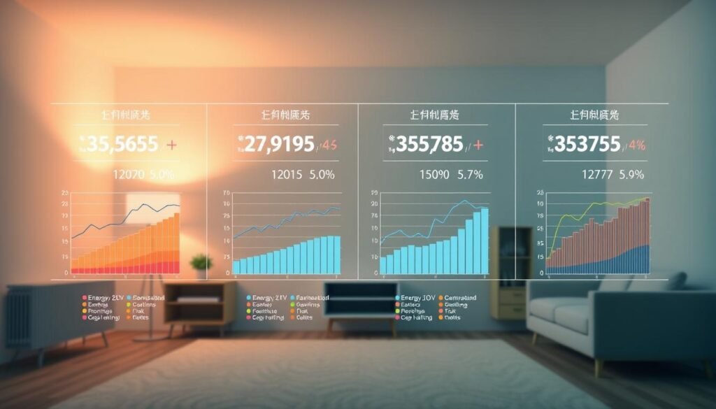 A detailed comparison of energy consumption showcased through a visually striking infographic. In the foreground, distinct data visualizations depict the energy usage patterns across different home heating scenarios. The middle ground features a minimalist room setting, allowing the data to take center stage. The background is bathed in a soft, muted color palette, evoking a sense of measured analysis. Lighting is subtle, with strategic highlights drawing the viewer's eye towards the key comparisons. The overall composition conveys a balanced, informative tone suitable for an article on energy budgeting and impacts.