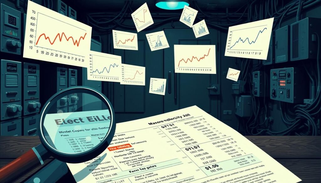 A detailed illustration of electricity bill anomalies, showcasing irregular charge patterns, fluctuating graphs, and confusing line items. The foreground depicts a magnifying glass examining a complex electricity bill, with highlighted sections pointing to inconsistencies. The middle ground features a series of floating charts and graphs, each displaying erratic data trends. In the background, a dimly lit utility room setting, with old electrical panels and tangled wires, creating an atmosphere of uncertainty and confusion. The lighting is moody, with a slight blue-green tint, emphasizing the technical and analytical nature of the scene. The overall composition conveys the challenge of identifying the factors influencing the rise in electricity costs.