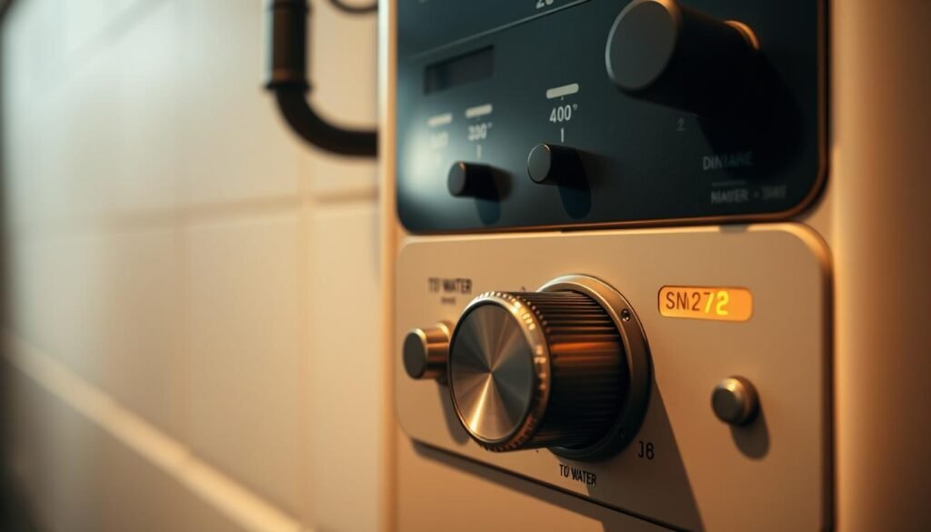 A detailed image of a gas boiler control panel with a focus on the hot water temperature adjustment knob or dial. The panel is set against a neutral background, perhaps a plain wall or minimalist industrial setting, allowing the controls to be the central point of interest. The lighting is warm and subtle, highlighting the various dials, switches, and indicators on the panel. The angle should be slightly elevated, giving a clear view of the hot water temperature adjustment feature. The overall mood is one of functionality and precision, conveying the importance of properly setting the hot water temperature for domestic use. A detailed image of a gas boiler control panel with a focus on the hot water temperature adjustment knob or dial. The panel is set against a neutral background, perhaps a plain wall or minimalist industrial setting, allowing the controls to be the central point of interest. The lighting is warm and subtle, highlighting the various dials, switches, and indicators on the panel. The angle should be slightly elevated, giving a clear view of the hot water temperature adjustment feature. The overall mood is one of functionality and precision, conveying the importance of properly setting the hot water temperature for domestic use.