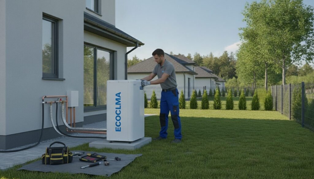 A detailed image of a heat pump installation in a residential setting. In the foreground, a technician, dressed in professional work attire, is carefully placing a heat pump unit outside a modern home. The middle ground features a partially completed installation, showcasing pipes and electrical connections, with tools arranged neatly beside the technician. In the background, a serene suburban neighborhood with green lawns and trees under a clear blue sky. Soft natural light highlights the scene, creating a fresh and practical atmosphere. Capture the precision and care involved in the installation process, emphasizing the modern technology of the heat pump system in a clean, organized environment. A detailed image of a heat pump installation in a residential setting. In the foreground, a technician, dressed in professional work attire, is carefully placing a heat pump unit outside a modern home. The middle ground features a partially completed installation, showcasing pipes and electrical connections, with tools arranged neatly beside the technician. In the background, a serene suburban neighborhood with green lawns and trees under a clear blue sky. Soft natural light highlights the scene, creating a fresh and practical atmosphere. Capture the precision and care involved in the installation process, emphasizing the modern technology of the heat pump system in a clean, organized environment.