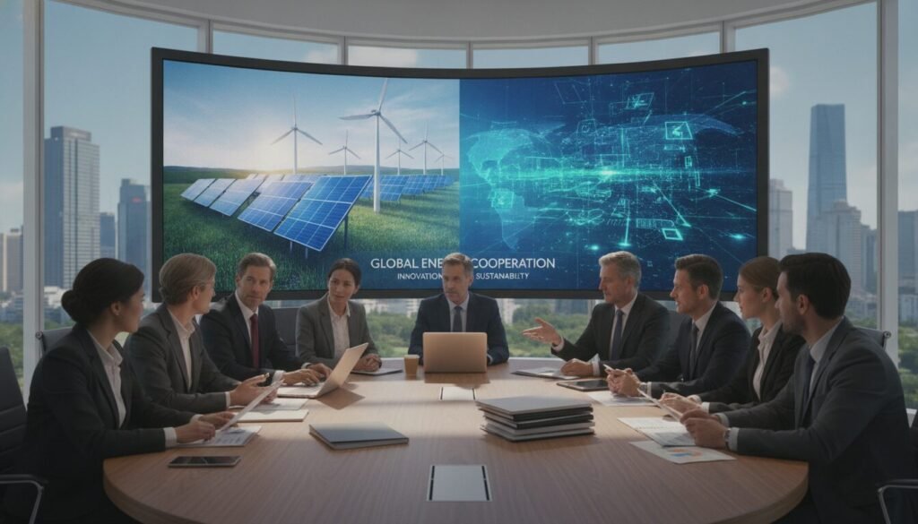 A dynamic and collaborative scene depicting the coordination of energy policies among diverse stakeholders. In the foreground, a round table with professionals in business attire engaged in discussion, analyzing documents and sharing digital devices. In the middle ground, various symbols of energy, such as solar panels, wind turbines, and power grid diagrams, illustrated on a large screen, showcasing innovative ideas. In the background, a modern city skyline under a clear blue sky, symbolizing progress and sustainability. Soft, natural lighting illuminates the scene, casting gentle shadows that enhance the atmosphere of teamwork and innovation. The overall mood is optimistic and focused, reflecting the importance of collaboration in energy policy-making. A dynamic and collaborative scene depicting the coordination of energy policies among diverse stakeholders. In the foreground, a round table with professionals in business attire engaged in discussion, analyzing documents and sharing digital devices. In the middle ground, various symbols of energy, such as solar panels, wind turbines, and power grid diagrams, illustrated on a large screen, showcasing innovative ideas. In the background, a modern city skyline under a clear blue sky, symbolizing progress and sustainability. Soft, natural lighting illuminates the scene, casting gentle shadows that enhance the atmosphere of teamwork and innovation. The overall mood is optimistic and focused, reflecting the importance of collaboration in energy policy-making.