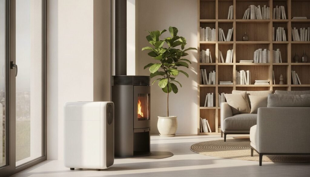 A modern and inviting living room showcasing alternative heating solutions. In the foreground, a sleek air source heat pump sits elegantly next to a large window, illuminated by warm, natural light. To the side, an eco-friendly pellet stove adds a cozy touch, with flames softly flickering. The middle ground displays a well-organized bookshelf filled with books on sustainable living and energy efficiency. In the background, a large indoor plant signifies a connection to nature. The atmosphere is tranquil and innovative, emphasizing warmth and comfort. The image is captured from a slightly elevated angle, providing a thoughtful perspective on these heating options, promoting an eco-conscious lifestyle. The lighting emphasizes warmth, making the room feel inviting and modern. A modern and inviting living room showcasing alternative heating solutions. In the foreground, a sleek air source heat pump sits elegantly next to a large window, illuminated by warm, natural light. To the side, an eco-friendly pellet stove adds a cozy touch, with flames softly flickering. The middle ground displays a well-organized bookshelf filled with books on sustainable living and energy efficiency. In the background, a large indoor plant signifies a connection to nature. The atmosphere is tranquil and innovative, emphasizing warmth and comfort. The image is captured from a slightly elevated angle, providing a thoughtful perspective on these heating options, promoting an eco-conscious lifestyle. The lighting emphasizes warmth, making the room feel inviting and modern.