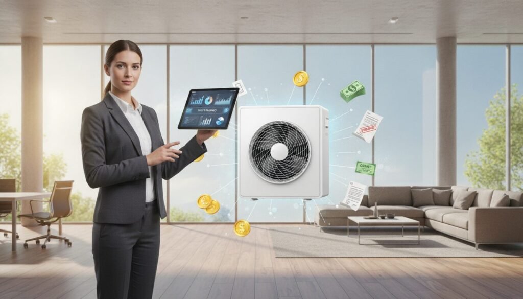 A modern financial assistance concept for heat pump installation. In the foreground, a well-dressed professional consultant stands confidently, holding a tablet displaying graphs and figures related to financial aid, while pointing towards the screen. The middle ground features an illustration of a high-efficiency heat pump, surrounded by symbols of money and grants—like coins and official documents—to represent funding options. In the background, a bright, inviting office environment with large windows showcases a sunny day, emphasizing a positive and hopeful atmosphere. Soft, natural lighting streams in, creating a warm and friendly ambiance that encourages homeowners to explore financial aid possibilities for renewable energy solutions. A modern financial assistance concept for heat pump installation. In the foreground, a well-dressed professional consultant stands confidently, holding a tablet displaying graphs and figures related to financial aid, while pointing towards the screen. The middle ground features an illustration of a high-efficiency heat pump, surrounded by symbols of money and grants—like coins and official documents—to represent funding options. In the background, a bright, inviting office environment with large windows showcases a sunny day, emphasizing a positive and hopeful atmosphere. Soft, natural lighting streams in, creating a warm and friendly ambiance that encourages homeowners to explore financial aid possibilities for renewable energy solutions.