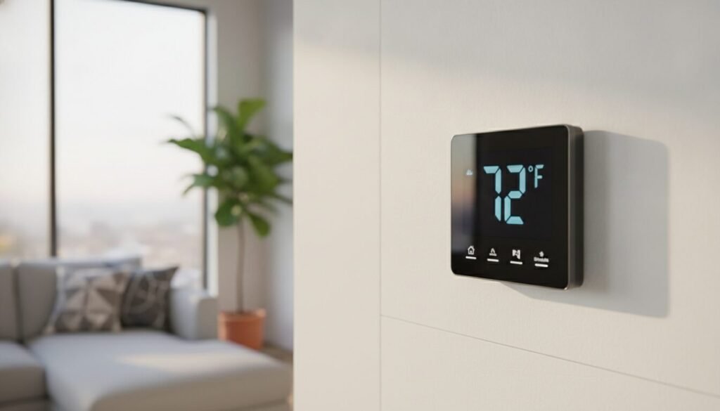 A modern programmable thermostat prominently displayed on a sleek wall in a contemporary living room. In the foreground, focus on the thermostat itself, featuring a digital interface with a clear temperature reading and touch controls. The middle ground showcases a stylish couch and a decorative plant, conveying a cozy and inviting atmosphere. In the background, light streams in through a large window, illuminating the room with warm, natural sunlight. Use soft lighting to create a welcoming ambiance, and a shallow depth of field to emphasize the thermostat as the main subject. The overall mood is one of comfort and advanced technology, perfect for a guide on installation and programming. A modern programmable thermostat prominently displayed on a sleek wall in a contemporary living room. In the foreground, focus on the thermostat itself, featuring a digital interface with a clear temperature reading and touch controls. The middle ground showcases a stylish couch and a decorative plant, conveying a cozy and inviting atmosphere. In the background, light streams in through a large window, illuminating the room with warm, natural sunlight. Use soft lighting to create a welcoming ambiance, and a shallow depth of field to emphasize the thermostat as the main subject. The overall mood is one of comfort and advanced technology, perfect for a guide on installation and programming.