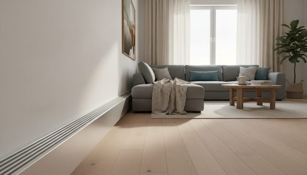 A modern room showcasing a stylish baseboard radiator installation. In the foreground, focus on a sleek, contemporary baseboard radiator with a polished metal finish, providing warmth to the space. The middle ground features a cozy, well-decorated living area with a stylish sofa, elegant curtains, and an inviting atmosphere. The background includes a large window with natural light streaming in, casting soft shadows that create a warm and welcoming ambiance. Use a slightly elevated angle to capture the depth of the room and the seamless integration of the heating system into the home decor. The lighting should be soft, emphasizing the comfort of the space, instilling a sense of tranquility and modern living.