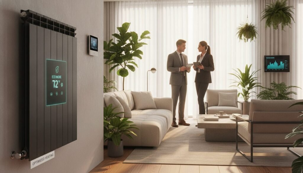 A modern, stylish living room featuring a high-efficiency radiator system, emphasizing the concept of heating optimization. In the foreground, a sleek, contemporary radiator with digital controls showing energy efficiency settings. In the middle, a cozy seating area with a couple of people dressed in professional business attire discussing heating solutions, surrounded by green plants for an eco-friendly feel. The background shows large windows with soft, natural light flowing in, illuminating smart home technology like a thermostat and energy monitoring devices on the walls. The mood is warm and inviting, symbolizing comfort and innovation in home heating systems. The perspective is slightly elevated, providing an overview of the space while focusing on the radiator and its features. A modern, stylish living room featuring a high-efficiency radiator system, emphasizing the concept of heating optimization. In the foreground, a sleek, contemporary radiator with digital controls showing energy efficiency settings. In the middle, a cozy seating area with a couple of people dressed in professional business attire discussing heating solutions, surrounded by green plants for an eco-friendly feel. The background shows large windows with soft, natural light flowing in, illuminating smart home technology like a thermostat and energy monitoring devices on the walls. The mood is warm and inviting, symbolizing comfort and innovation in home heating systems. The perspective is slightly elevated, providing an overview of the space while focusing on the radiator and its features.