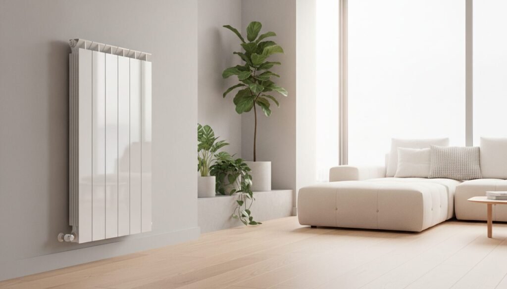 A modern wall-mounted radiator elegantly installed in a stylish, contemporary living room. In the foreground, the radiator’s sleek design features a minimalist aesthetic with smooth lines and a glossy finish, illuminated by soft, natural light streaming through a large window. In the middle ground, a few houseplants add a touch of greenery, while a comfortable sofa complements the modern interior with neutral tones. In the background, a neutral-colored wall accentuates the radiator's aesthetic appeal. The entire scene conveys warmth and comfort, inviting viewers to visualize the heating solution in a home setting. The lighting creates a cozy atmosphere, emphasizing the practical yet stylish nature of wall-mounted radiators. Ideal for illustrating a home improvement guide.