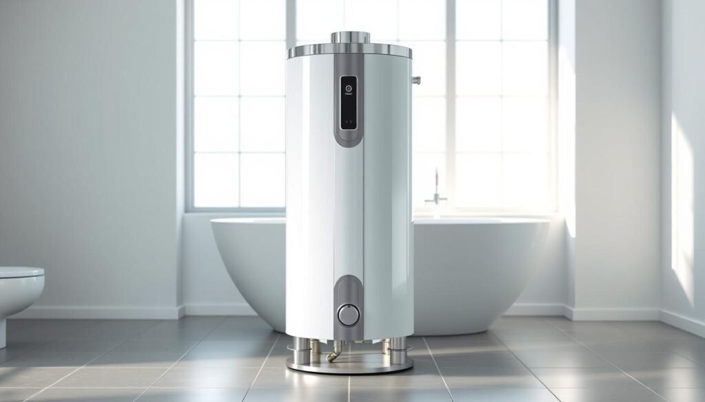 A sleek, modern gas water heater stands in a well-lit, minimalist bathroom. The chrome and white appliance occupies the foreground, its elegant curves and shiny surfaces catching the soft, diffused light filtering in through large windows. In the middle ground, the bathroom's tiled floor and walls create a clean, streamlined backdrop, emphasizing the heater's efficient design. The background fades into a neutral, airy atmosphere, allowing the subject to take center stage. The overall scene conveys a sense of functionality, safety, and attention to detail - critical considerations when evaluating a water heater without a safety valve.