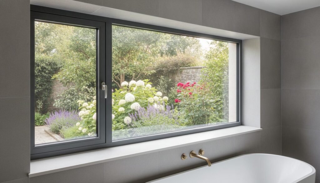 A stylish, modern bathroom window prominently displaying a charming view of a lush garden outside. In the foreground, the window frame is made of high-quality, weather-resistant materials, showcasing a sleek design with elegant hinges. The middle ground features the bathroom's contemporary decor, including smooth tiles and tasteful fixtures. Soft, natural light floods the space, illuminating the scene and creating a warm atmosphere. In the background, a glimpse of greenery and blooming flowers can be seen, enhancing the serene vibe. The perspective is slightly angled to emphasize the spaciousness of the room and the beauty of the outdoor view. The overall mood is tranquil and inviting, perfect for showcasing practical materials and opening mechanisms. A stylish, modern bathroom window prominently displaying a charming view of a lush garden outside. In the foreground, the window frame is made of high-quality, weather-resistant materials, showcasing a sleek design with elegant hinges. The middle ground features the bathroom's contemporary decor, including smooth tiles and tasteful fixtures. Soft, natural light floods the space, illuminating the scene and creating a warm atmosphere. In the background, a glimpse of greenery and blooming flowers can be seen, enhancing the serene vibe. The perspective is slightly angled to emphasize the spaciousness of the room and the beauty of the outdoor view. The overall mood is tranquil and inviting, perfect for showcasing practical materials and opening mechanisms.
