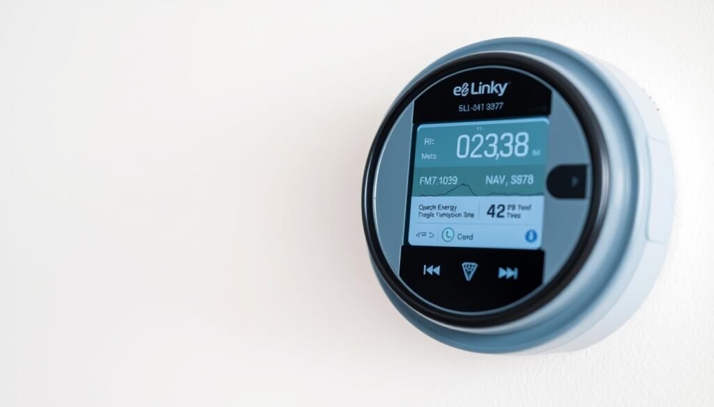 Detailed close-up image of a Linky electricity meter display, showing energy consumption data and graphs. The meter is set against a clean, minimalist background with soft, even lighting that highlights the device's sleek, modern design. The image conveys a sense of clarity and precision, emphasizing the importance of understanding one's electricity usage through the Linky system. The camera angle is slightly elevated, giving the viewer a sense of authority and control over the information presented on the meter's screen.