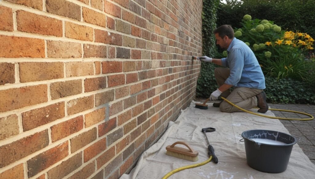 A close-up view of a well-maintained brick wall, showcasing a variety of textures and colors in the bricks, emphasizing their durability and charm. In the foreground, include a set of professional cleaning tools, like a soft brush and a gentle pressure washer, arranged neatly on the ground. The middle ground features a person in modest casual clothing, attentively inspecting the bricks to ensure proper care, while demonstrating the maintenance process. The background presents a garden with vibrant greenery, creating a fresh and lively atmosphere. The image is bathed in warm, soft sunlight, casting gentle shadows that enhance the details of the bricks. Capture the scene at a slight angle to offer depth and perspective, evoking a sense of professionalism and care in brick wall maintenance. A close-up view of a well-maintained brick wall, showcasing a variety of textures and colors in the bricks, emphasizing their durability and charm. In the foreground, include a set of professional cleaning tools, like a soft brush and a gentle pressure washer, arranged neatly on the ground. The middle ground features a person in modest casual clothing, attentively inspecting the bricks to ensure proper care, while demonstrating the maintenance process. The background presents a garden with vibrant greenery, creating a fresh and lively atmosphere. The image is bathed in warm, soft sunlight, casting gentle shadows that enhance the details of the bricks. Capture the scene at a slight angle to offer depth and perspective, evoking a sense of professionalism and care in brick wall maintenance.
