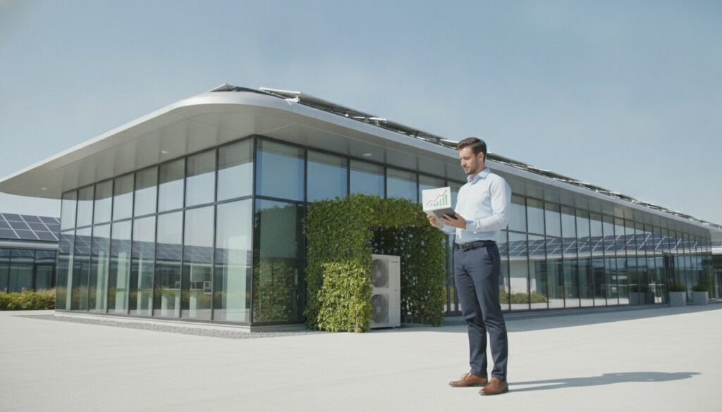 A modern, energy-efficient building equipped with a reversible air conditioning system, showcasing its sleek, aerodynamic design and large windows reflecting sunlight. In the foreground, an environmental engineer in smart casual attire inspects an energy performance graph on a tablet, highlighting the optimization of energy use. The middle ground features the air conditioning unit discreetly integrated into the architecture, surrounded by greenery suggesting environmental benefits. In the background, a clear blue sky and solar panels adorn the rooftops, symbolizing sustainable energy. The composition is well-lit with soft, natural lighting, capturing a serene, eco-friendly atmosphere that conveys innovation and responsibility in energy consumption. A modern, energy-efficient building equipped with a reversible air conditioning system, showcasing its sleek, aerodynamic design and large windows reflecting sunlight. In the foreground, an environmental engineer in smart casual attire inspects an energy performance graph on a tablet, highlighting the optimization of energy use. The middle ground features the air conditioning unit discreetly integrated into the architecture, surrounded by greenery suggesting environmental benefits. In the background, a clear blue sky and solar panels adorn the rooftops, symbolizing sustainable energy. The composition is well-lit with soft, natural lighting, capturing a serene, eco-friendly atmosphere that conveys innovation and responsibility in energy consumption.