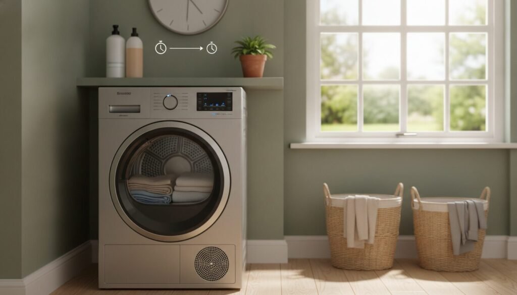 A modern heat pump dryer showcased in a domestic laundry room, emphasizing its design and functionality. In the foreground, a sleek, stainless steel dryer with an open door revealing freshly dried clothes. In the middle ground, neatly stacked laundry baskets and a small potted plant on a shelf, creating a cozy atmosphere. The background features a bright, well-lit environment with a window allowing natural light to flow in, casting soft shadows. The scene is inviting, yet hints at the limitations of heat pump dryers, such as energy consumption and slower drying times, suggested by a clock subtly placed on the wall. The overall mood is practical and informative, focusing on the appliance's advantages and drawbacks.