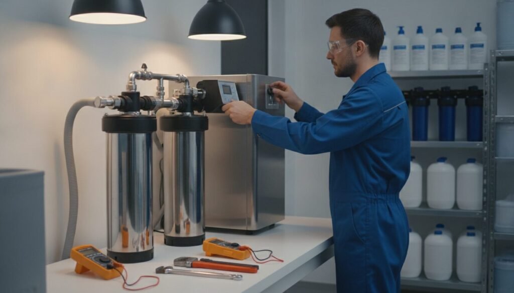 A professional technician in a clean, modern utility room is performing maintenance on a water softener system. The technician, dressed in a neat blue jumpsuit and safety goggles, is focused on adjusting the control panel of a sleek, silver water softener unit. In the foreground, tools such as a wrench and a multimeter are neatly arranged on a workbench. The middle ground showcases the water softener with pipes and connections, illuminated by soft, warm overhead lighting that highlights the metal surfaces. In the background, shelves display various water treatment supplies. The atmosphere is tidy and organized, conveying a sense of reliability and professionalism in troubleshooting and maintenance tasks.