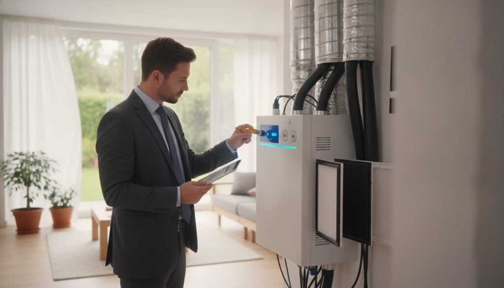 A professional technician in business attire inspects a modern VMC (ventilation mechanical control) system in a residential setting. In the foreground, the technician is examining a complex array of ducts and sensors. The middle ground features the VMC unit, sleek and contemporary, with visible airflow indicators and filters. The background showcases a well-lit, airy room with large windows allowing natural light to illuminate the space, hinting at the advantages of effective ventilation, such as improved air quality and energy efficiency. The atmosphere is focused and professional, reflecting the importance of maintenance while emphasizing the balance between advantages and limitations in a potential home environment. Soft, warm lighting enhances the sense of cleanliness and efficiency, with a slight depth of field to draw attention to the technician's work. A professional technician in business attire inspects a modern VMC (ventilation mechanical control) system in a residential setting. In the foreground, the technician is examining a complex array of ducts and sensors. The middle ground features the VMC unit, sleek and contemporary, with visible airflow indicators and filters. The background showcases a well-lit, airy room with large windows allowing natural light to illuminate the space, hinting at the advantages of effective ventilation, such as improved air quality and energy efficiency. The atmosphere is focused and professional, reflecting the importance of maintenance while emphasizing the balance between advantages and limitations in a potential home environment. Soft, warm lighting enhances the sense of cleanliness and efficiency, with a slight depth of field to draw attention to the technician's work.