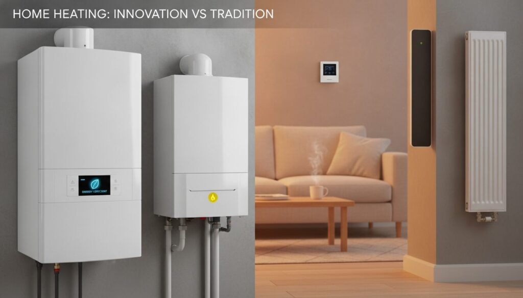 A sleek, modern image comparing electric boilers with other heating systems. In the foreground, an electric boiler stands prominently, displaying its design features like digital controls and an energy-efficient label. To the side, traditional heating systems such as a gas boiler and a radiator are visibly contrasted. In the middle ground, a cozy home environment is depicted, showcasing a living room with a thermostat and wall-mounted heating options for context. The background features a soft, warm light that evokes a comfortable atmosphere. The image is captured from a slightly elevated angle, emphasizing the layout of the heating systems, while maintaining a clean and professional aesthetic. The overall mood should convey innovation versus tradition in home heating solutions. A sleek, modern image comparing electric boilers with other heating systems. In the foreground, an electric boiler stands prominently, displaying its design features like digital controls and an energy-efficient label. To the side, traditional heating systems such as a gas boiler and a radiator are visibly contrasted. In the middle ground, a cozy home environment is depicted, showcasing a living room with a thermostat and wall-mounted heating options for context. The background features a soft, warm light that evokes a comfortable atmosphere. The image is captured from a slightly elevated angle, emphasizing the layout of the heating systems, while maintaining a clean and professional aesthetic. The overall mood should convey innovation versus tradition in home heating solutions.