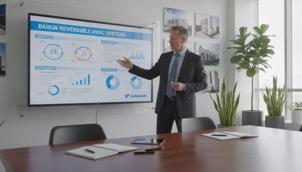 A technical office setting featuring a professional engineer, a middle-aged Caucasian man wearing a business suit, examining a detailed interactive display showing an infographic about air conditioning systems, specifically focusing on Daikin reversible systems. The foreground includes a sleek, modern conference table with pens and notepads. In the middle, a large screen showcases cooling diagrams, efficiency graphs, and points about technical questions and experiences with air conditioning. The background depicts a clean office with framed photos of air conditioning installations, soft natural light flooding in through large windows, and plants for a touch of warmth. The atmosphere is serious yet inviting, reflecting an informative discussion on HVAC technology. A technical office setting featuring a professional engineer, a middle-aged Caucasian man wearing a business suit, examining a detailed interactive display showing an infographic about air conditioning systems, specifically focusing on Daikin reversible systems. The foreground includes a sleek, modern conference table with pens and notepads. In the middle, a large screen showcases cooling diagrams, efficiency graphs, and points about technical questions and experiences with air conditioning. The background depicts a clean office with framed photos of air conditioning installations, soft natural light flooding in through large windows, and plants for a touch of warmth. The atmosphere is serious yet inviting, reflecting an informative discussion on HVAC technology.