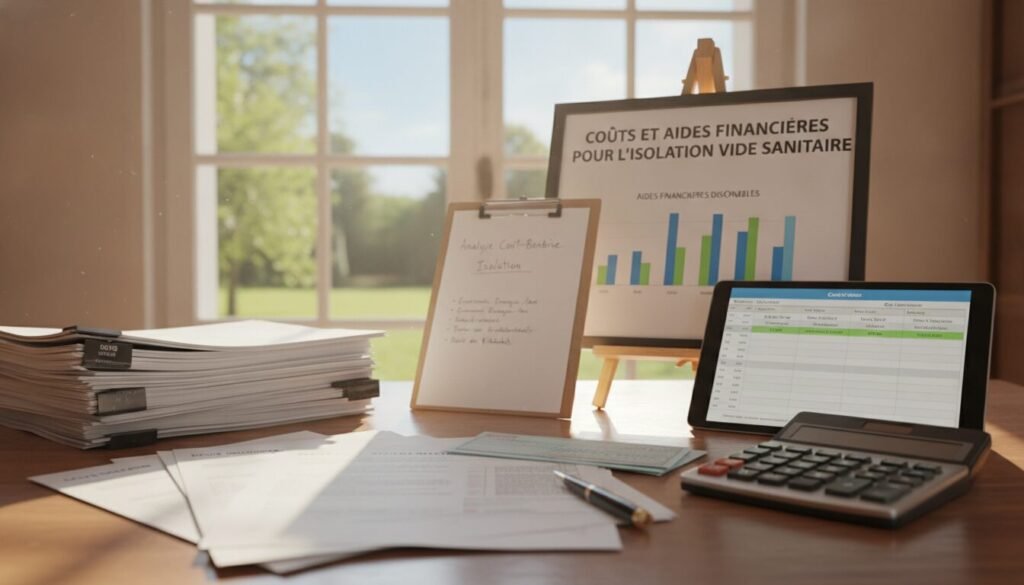 A visually compelling scene depicting financial aspects of "Coûts et aides financières pour l'isolation vide sanitaire." In the foreground, a detailed, well-organized office desk cluttered with financial documents, invoices, and a calculator, symbolizing budgeting for insulation. In the middle ground, a chart showing various costs and financial aids related to insulation, alongside a clipboard with a cost-benefit analysis. The background features a large window revealing a sunny outdoor view, creating a warm and optimistic atmosphere. Soft, natural lighting illuminates the scene to emphasize clarity and professionalism. The overall mood is one of hopefulness and determination, inspiring confidence in financial planning for energy efficiency.