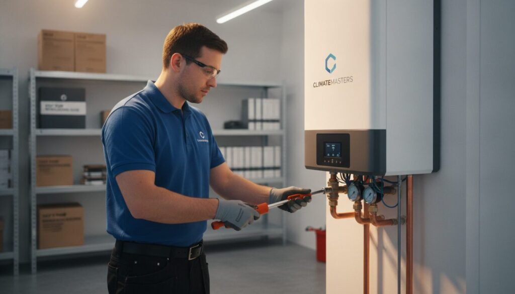 A well-lit indoor setting showcasing a technician in professional attire performing maintenance on a heat pump system. In the foreground, the technician is using precise tools to inspect the unit, displaying attention to detail. The middle ground features a modern, sleek heat pump system with visible components, such as pipes and gauges, indicating its advanced technology. The background includes a clean utility room with shelves holding equipment and manuals, emphasizing an organized environment for optimal performance. The lighting is bright and inviting, highlighting the technician's focused efforts and creating a sense of professionalism and efficiency. The overall mood conveys diligence and expertise in the maintenance and optimization of energy systems. A well-lit indoor setting showcasing a technician in professional attire performing maintenance on a heat pump system. In the foreground, the technician is using precise tools to inspect the unit, displaying attention to detail. The middle ground features a modern, sleek heat pump system with visible components, such as pipes and gauges, indicating its advanced technology. The background includes a clean utility room with shelves holding equipment and manuals, emphasizing an organized environment for optimal performance. The lighting is bright and inviting, highlighting the technician's focused efforts and creating a sense of professionalism and efficiency. The overall mood conveys diligence and expertise in the maintenance and optimization of energy systems.