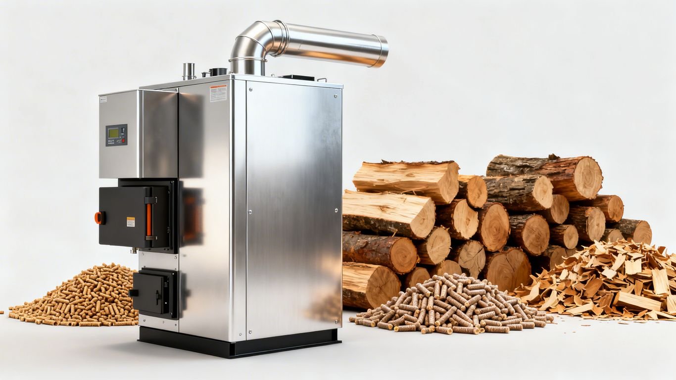 Chaudière biomasse avec pellets, bûches et plaquettes.