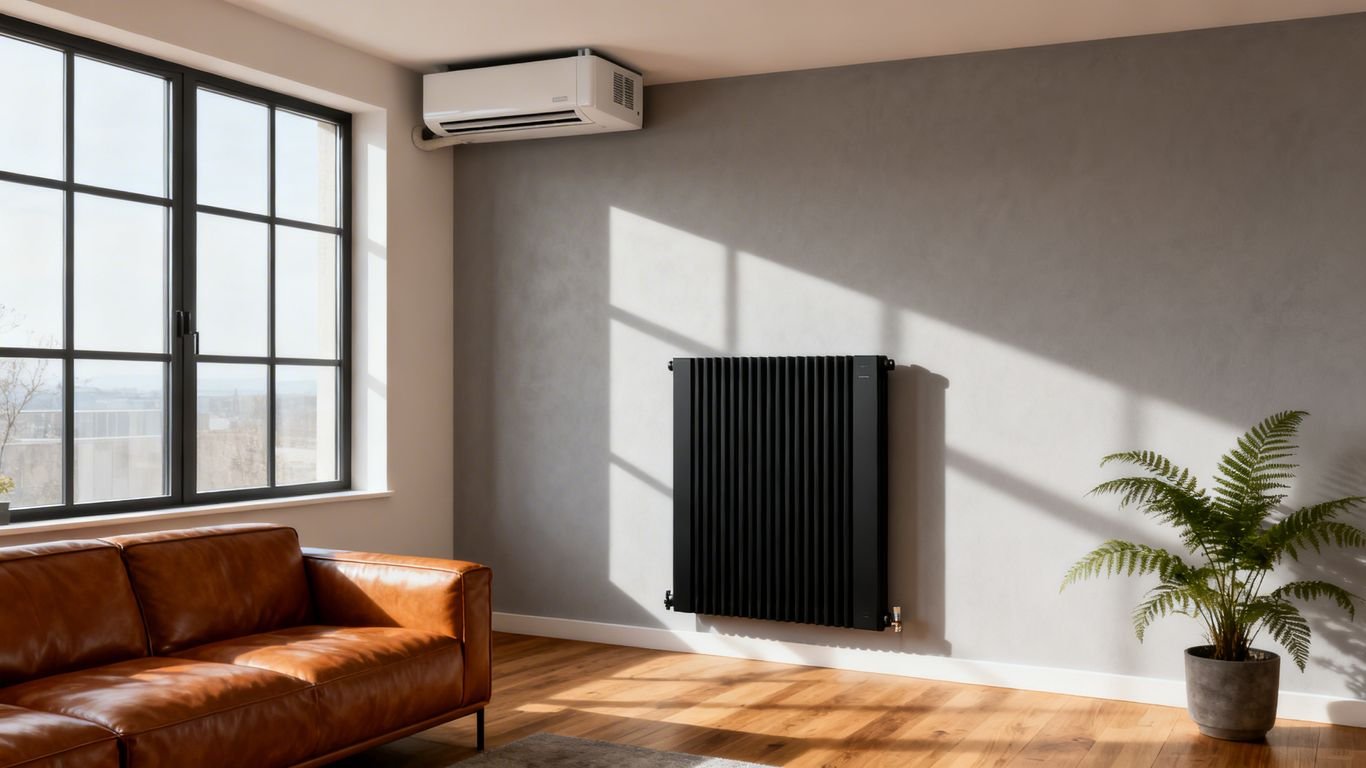 Radiateur basse température dans un salon moderne.