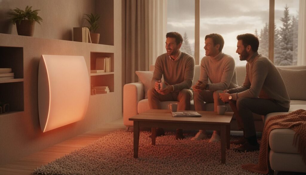 A cozy living room setting showcasing a modern electric inertia radiator emitting warmth, with a subtle glow highlighting its sleek design. In the foreground, a diverse group of three people dressed in smart casual attire is engaged in a discussion, expressing satisfaction and sharing experiences about the radiator. Their facial expressions convey positivity and enthusiasm. In the middle, the radiator is prominently displayed against a tailored interior backdrop featuring warm colors and soft furnishings, suggesting comfort. In the background, a window reveals a serene outdoor view, blending natural light with the room’s cozy atmosphere. The image should evoke a feeling of warmth, comfort, and satisfaction, with soft, inviting lighting emphasizing the peaceful ambiance. A cozy living room setting showcasing a modern electric inertia radiator emitting warmth, with a subtle glow highlighting its sleek design. In the foreground, a diverse group of three people dressed in smart casual attire is engaged in a discussion, expressing satisfaction and sharing experiences about the radiator. Their facial expressions convey positivity and enthusiasm. In the middle, the radiator is prominently displayed against a tailored interior backdrop featuring warm colors and soft furnishings, suggesting comfort. In the background, a window reveals a serene outdoor view, blending natural light with the room’s cozy atmosphere. The image should evoke a feeling of warmth, comfort, and satisfaction, with soft, inviting lighting emphasizing the peaceful ambiance.