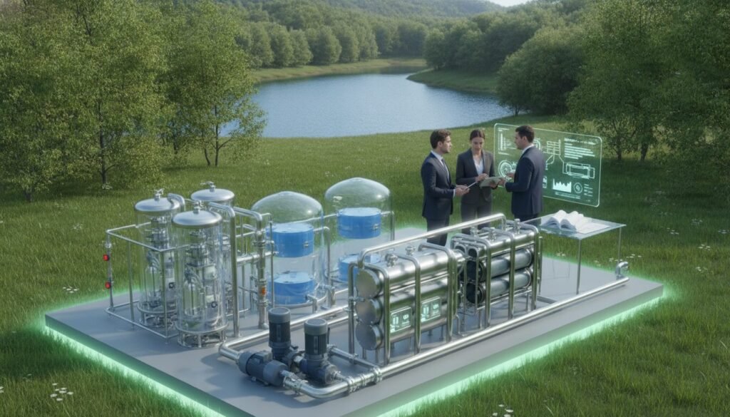 A detailed illustration of a wastewater treatment microstation, showcasing its various components. In the foreground, include a clear view of the filtration system with labeled parts like pumps, tanks, and filters, presented in a modern, efficient design. The middle ground features a diverse group of professionals, dressed in business attire, examining a report and discussing the system's functionality. In the background, visualize a serene natural landscape with trees and a small water body, symbolizing environmental sustainability. The image should have bright, natural lighting, capturing a sense of optimism and innovation. Use a slightly elevated angle to provide a comprehensive overview of the microstation, ensuring clarity of all elements without any text or annotations. A detailed illustration of a wastewater treatment microstation, showcasing its various components. In the foreground, include a clear view of the filtration system with labeled parts like pumps, tanks, and filters, presented in a modern, efficient design. The middle ground features a diverse group of professionals, dressed in business attire, examining a report and discussing the system's functionality. In the background, visualize a serene natural landscape with trees and a small water body, symbolizing environmental sustainability. The image should have bright, natural lighting, capturing a sense of optimism and innovation. Use a slightly elevated angle to provide a comprehensive overview of the microstation, ensuring clarity of all elements without any text or annotations.