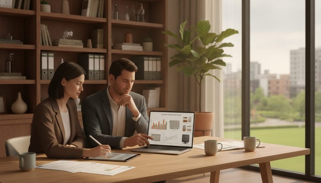 A detailed scene showcasing a modern home office setting where a professional couple reviews practical cases of electric heating solutions. In the foreground, the couple is sitting at a stylish wooden desk, with one partner taking notes on a tablet, while the other points thoughtfully at a laptop screen displaying graphs and images of electric heating systems. In the middle ground, shelves filled with books on energy efficiency and modern living add depth, while a potted plant brings a touch of nature. The background features a large window with soft natural light streaming in, illuminating the room and enhancing the inviting atmosphere. Warm color tones dominate the scene, creating a sense of comfort and optimism about energy solutions for the future.