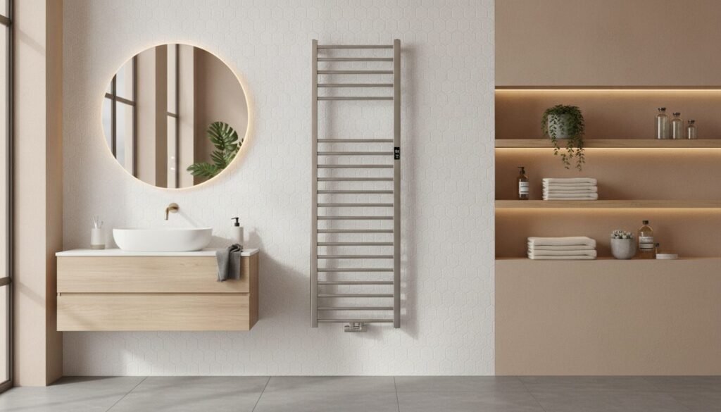 A modern bathroom setup featuring a sleek electric radiator mounted on the wall, surrounded by elegant tiles and contemporary fixtures. In the foreground, the radiator is prominently displayed, showcasing its stylish design with a metallic finish. The middle ground includes a chic vanity with minimalistic decor and a large mirror reflecting warm, soft lighting that enhances the inviting atmosphere. The background features neutral-colored walls and tasteful shelving with neatly arranged towels and plants for a touch of greenery. The scene is lit by natural sunlight coming through a window, creating a calm and sophisticated ambiance. The overall mood is serene and modern, ideal for a stylish bathroom installation. A modern bathroom setup featuring a sleek electric radiator mounted on the wall, surrounded by elegant tiles and contemporary fixtures. In the foreground, the radiator is prominently displayed, showcasing its stylish design with a metallic finish. The middle ground includes a chic vanity with minimalistic decor and a large mirror reflecting warm, soft lighting that enhances the inviting atmosphere. The background features neutral-colored walls and tasteful shelving with neatly arranged towels and plants for a touch of greenery. The scene is lit by natural sunlight coming through a window, creating a calm and sophisticated ambiance. The overall mood is serene and modern, ideal for a stylish bathroom installation.