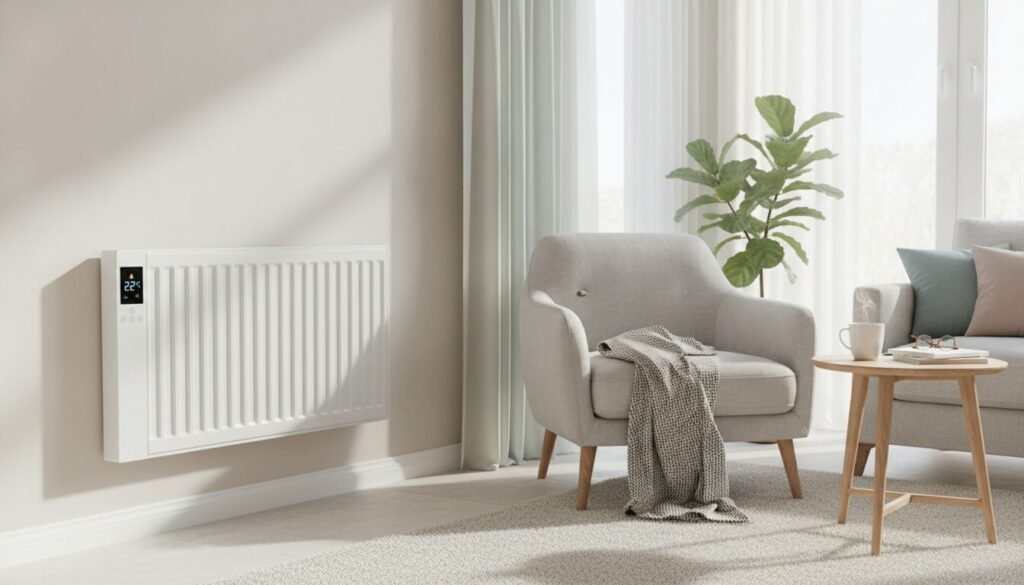 A modern, brightly lit interior of a cozy living room featuring a sleek electric radiator mounted on the wall, radiating warmth. In the foreground, a comfortable armchair sits next to a small table with a steaming cup of tea, suggesting relaxation and comfort. In the middle, the electric radiator displays a digital thermostat, emphasizing the theme of heat management. The background features large windows with sunlight streaming in, illuminating the room, and soft curtains gently swaying. The color palette includes warm tones of beige and soft pastels, creating an inviting atmosphere. The overall mood is tranquil and cozy, ideal for a comfortable home environment focused on optimizing heating efficiency. A modern, brightly lit interior of a cozy living room featuring a sleek electric radiator mounted on the wall, radiating warmth. In the foreground, a comfortable armchair sits next to a small table with a steaming cup of tea, suggesting relaxation and comfort. In the middle, the electric radiator displays a digital thermostat, emphasizing the theme of heat management. The background features large windows with sunlight streaming in, illuminating the room, and soft curtains gently swaying. The color palette includes warm tones of beige and soft pastels, creating an inviting atmosphere. The overall mood is tranquil and cozy, ideal for a comfortable home environment focused on optimizing heating efficiency.