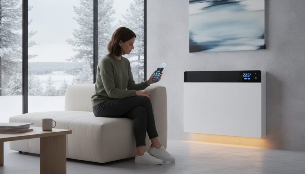 A modern living room featuring a sleek electric radiator in focus, with a digital control panel displaying temperature settings. In the foreground, a professional in modest casual clothing is interacting with a smartphone app, remotely adjusting the radiator's settings, illustrating the concept of remote control and programming. The middle ground showcases a stylish, minimalist interior with soft, warm lighting emanating from the radiator, creating a cozy atmosphere. In the background, large windows let in natural light, revealing a serene outdoor landscape. The scene has a harmonious blend of technology and comfort, emphasizing warmth and efficiency in home heating solutions, ideal for optimal living conditions. The angle is slightly elevated, capturing both the person and the beautiful environment.