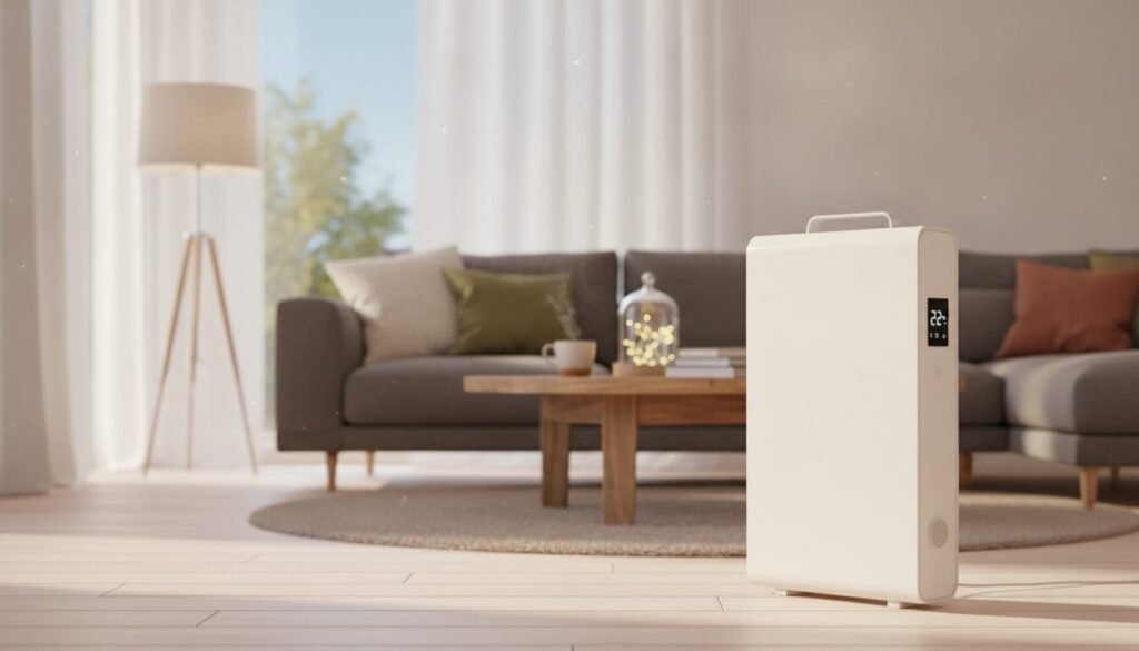 A modern mobile electric radiator prominently displayed in the foreground on a sleek wooden floor, showcasing its sleek design with a white finish and digital thermostat. In the middle ground, a contemporary living room setting featuring subtle earth tones and cozy decor, including a stylish sofa and soft lighting that creates a warm ambiance. The background includes a softly blurred window with natural light filtering through sheer curtains, enhancing the inviting atmosphere. The scene captures a practical and aesthetic home environment, highlighting the radiator as a functional yet stylish heating solution. The overall mood should be calm and welcoming, emphasizing comfort and warmth in a modern living space.