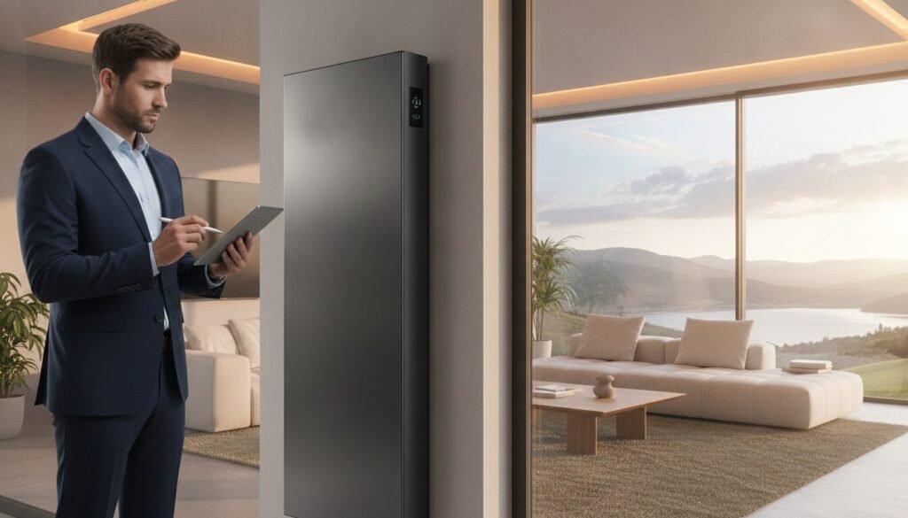 A modern, stylish vertical electric radiator stands prominently in the foreground, showcasing its sleek design and advanced features. To the left, a professional expert in business attire examines the radiator, deep in thought, with a clipboard in hand. Surrounding them, bright, warm lighting illuminates the scene, creating an inviting atmosphere. In the middle ground, a well-furnished living space with contemporary decor emphasizes the radiator’s practical application, featuring cozy furniture and a calm color palette. In the background, a window reveals a picturesque view of a serene morning outside, with soft sunlight filtering through, enhancing the overall warmth of the image. The focus is on conveying professionalism and expertise in home heating solutions, reflecting positive experiences and expert opinions. A modern, stylish vertical electric radiator stands prominently in the foreground, showcasing its sleek design and advanced features. To the left, a professional expert in business attire examines the radiator, deep in thought, with a clipboard in hand. Surrounding them, bright, warm lighting illuminates the scene, creating an inviting atmosphere. In the middle ground, a well-furnished living space with contemporary decor emphasizes the radiator’s practical application, featuring cozy furniture and a calm color palette. In the background, a window reveals a picturesque view of a serene morning outside, with soft sunlight filtering through, enhancing the overall warmth of the image. The focus is on conveying professionalism and expertise in home heating solutions, reflecting positive experiences and expert opinions.