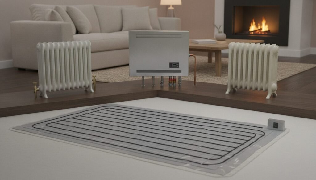A professional and informative comparison of heating systems, featuring a sleek electric underfloor heating setup in the foreground, showcasing modern, minimalist design with visible wires and heat mats. In the middle ground, display various traditional heating systems such as radiators and gas heaters, highlighting their distinct shapes and components. The background should include a cozy living space with a comfortable ambiance, softly lit by ambient light to create a warm atmosphere. Use a wide-angle lens to capture the entire scene for clarity. Ensure the setting feels inviting and educational, suggesting a blend of modern technology with traditional methods, without any text or distractions. A professional and informative comparison of heating systems, featuring a sleek electric underfloor heating setup in the foreground, showcasing modern, minimalist design with visible wires and heat mats. In the middle ground, display various traditional heating systems such as radiators and gas heaters, highlighting their distinct shapes and components. The background should include a cozy living space with a comfortable ambiance, softly lit by ambient light to create a warm atmosphere. Use a wide-angle lens to capture the entire scene for clarity. Ensure the setting feels inviting and educational, suggesting a blend of modern technology with traditional methods, without any text or distractions.