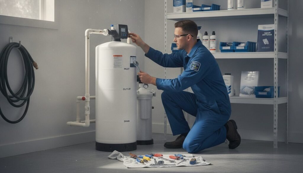 A professional maintenance scene for a water softener system in a bright, well-organized utility room. In the foreground, a technician wearing a neat blue uniform examines the softener unit, tools in hand, focused on settings and components. The middle ground showcases the water softener connected to plumbing with clear labels, surrounded by water treatment equipment. The background features a shelf filled with maintenance supplies such as filters and manuals. Soft natural lighting filters through a small window, casting gentle shadows, creating a clean and efficient atmosphere. The image conveys a sense of professionalism and attention to detail, emphasizing the importance of maintenance for optimal performance. A professional maintenance scene for a water softener system in a bright, well-organized utility room. In the foreground, a technician wearing a neat blue uniform examines the softener unit, tools in hand, focused on settings and components. The middle ground showcases the water softener connected to plumbing with clear labels, surrounded by water treatment equipment. The background features a shelf filled with maintenance supplies such as filters and manuals. Soft natural lighting filters through a small window, casting gentle shadows, creating a clean and efficient atmosphere. The image conveys a sense of professionalism and attention to detail, emphasizing the importance of maintenance for optimal performance.