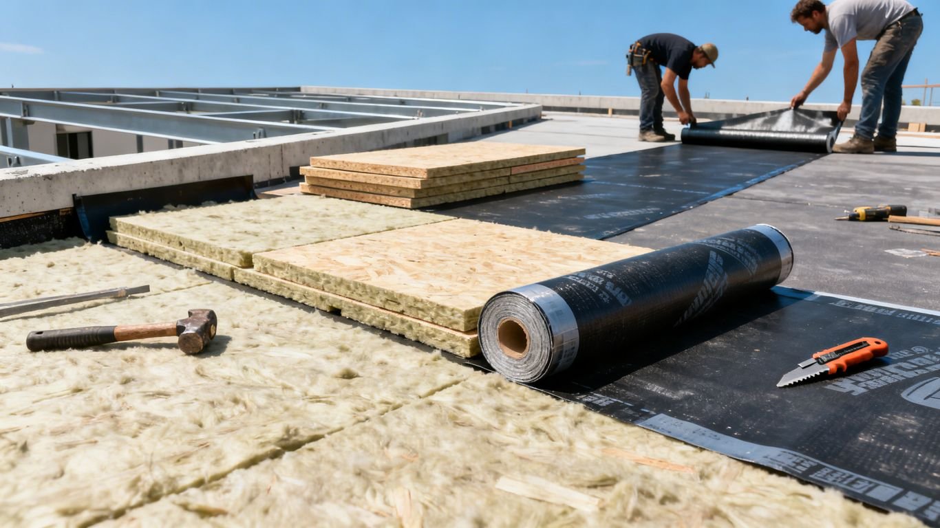 Travailleurs installant l’isolation et étanchéité sur un toit plat.