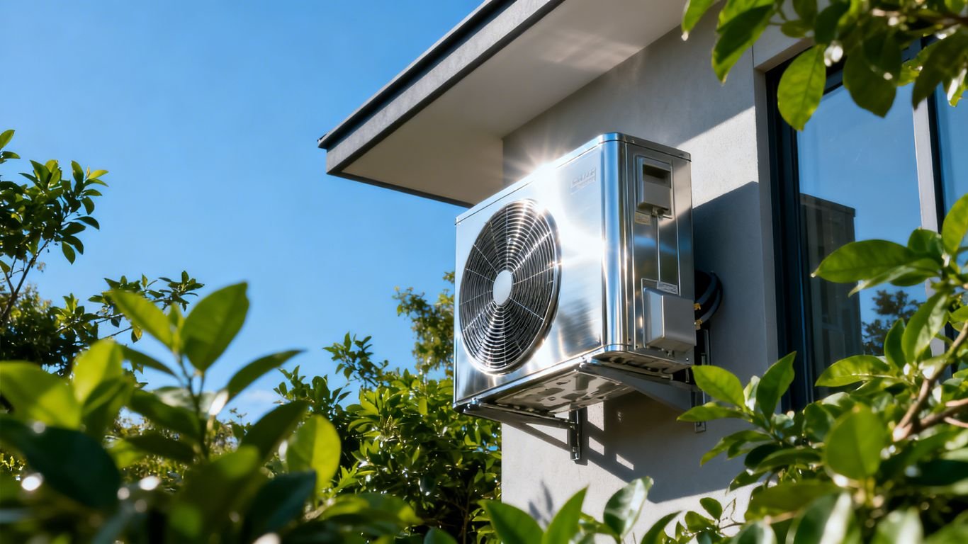 Pompe à chaleur réversible extérieure sur un mur de maison.