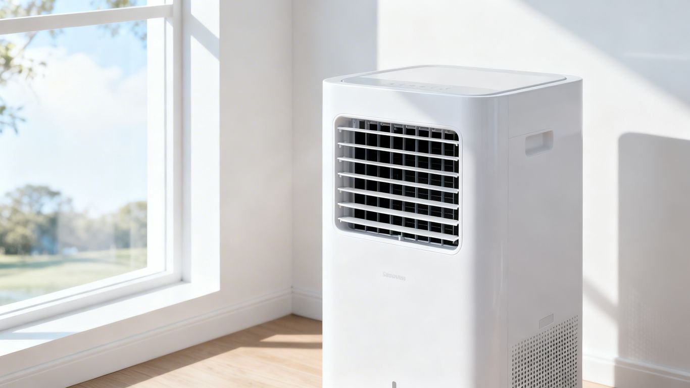 Climatiseur mobile réversible dans une pièce lumineuse.