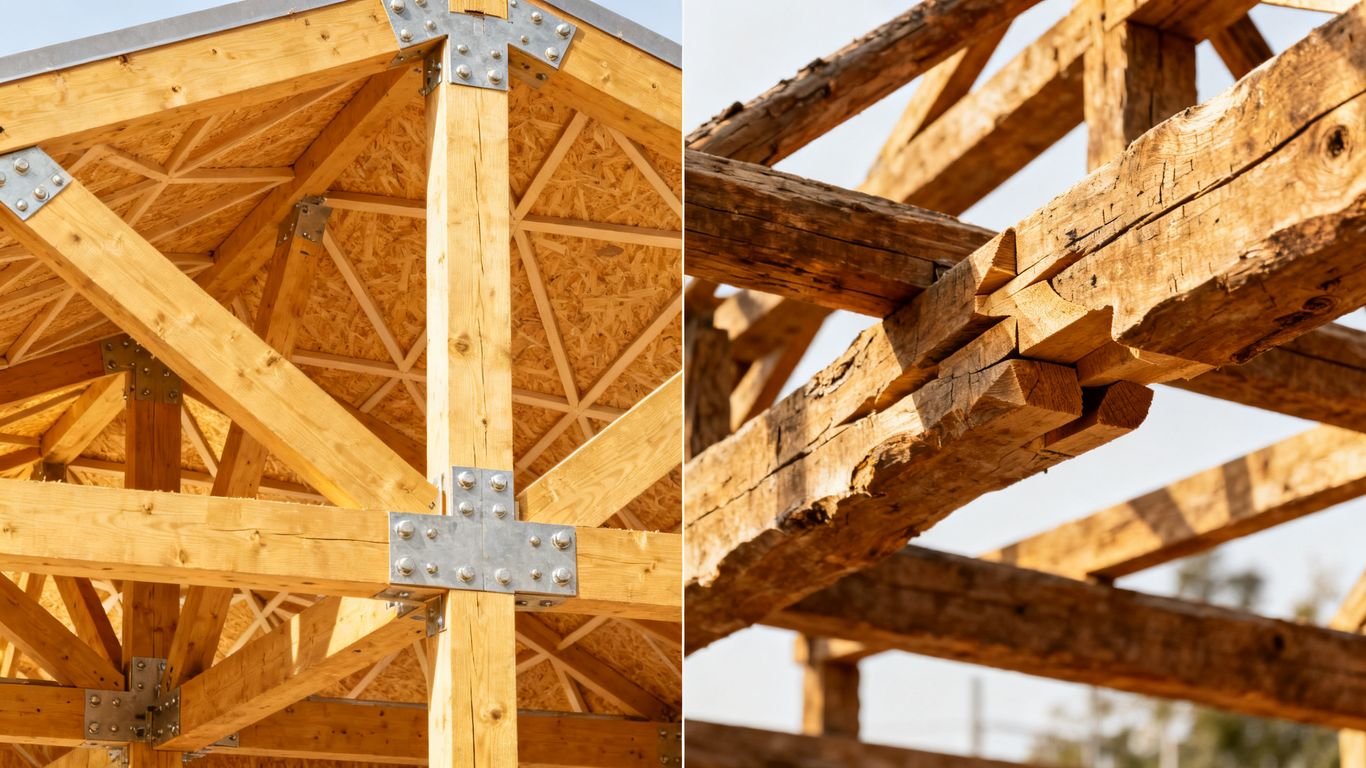 Fermette comparée à charpente traditionnelle en bois.