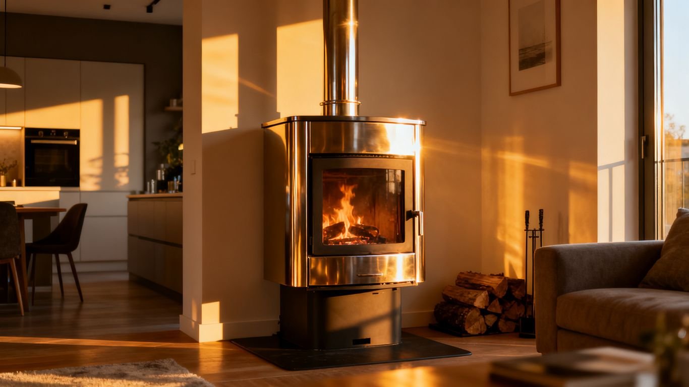 Poêle à bois moderne dans un appartement, conduit visible.